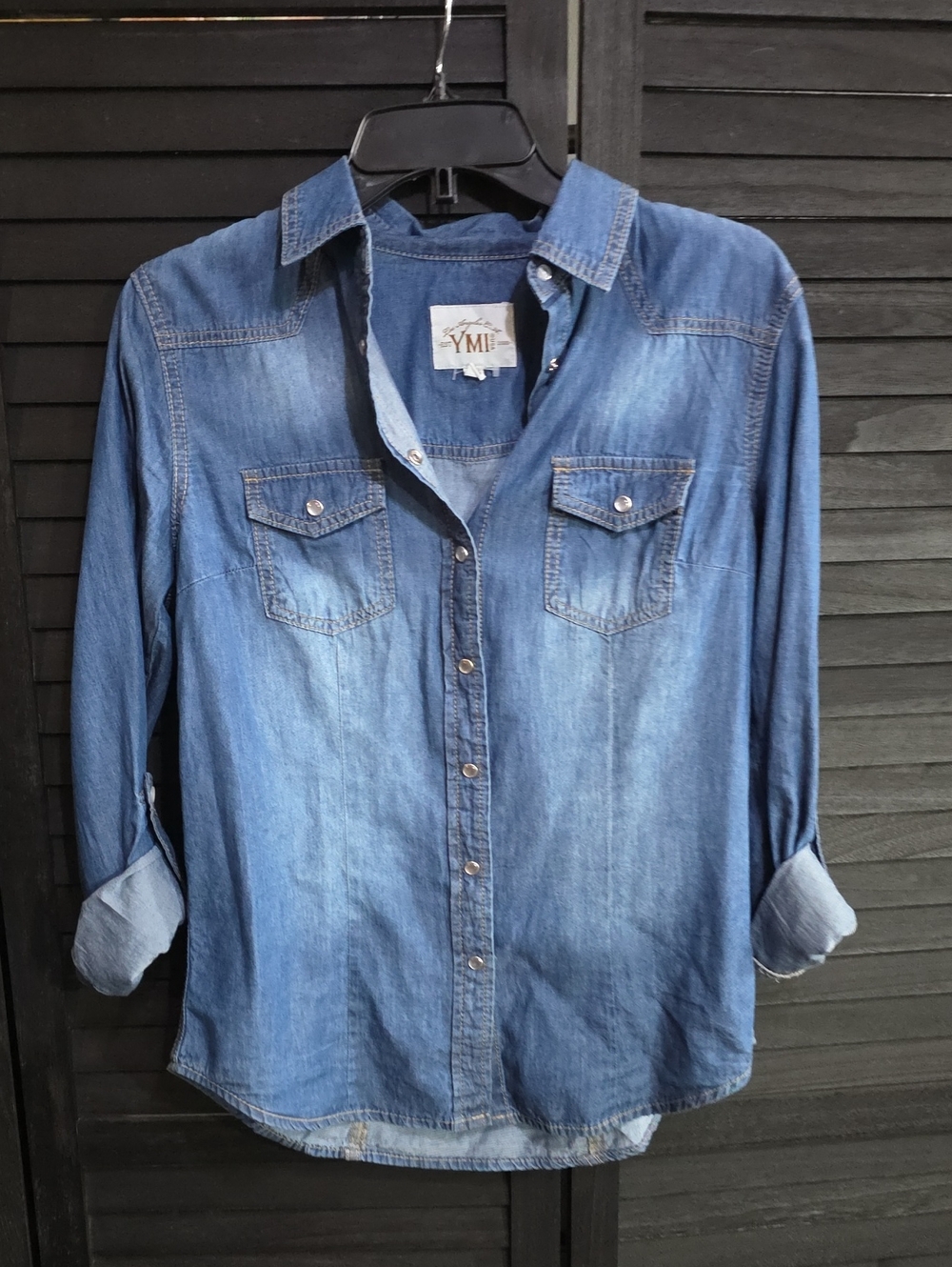 YMI Washed Denim Button-Up Shirt in Blue